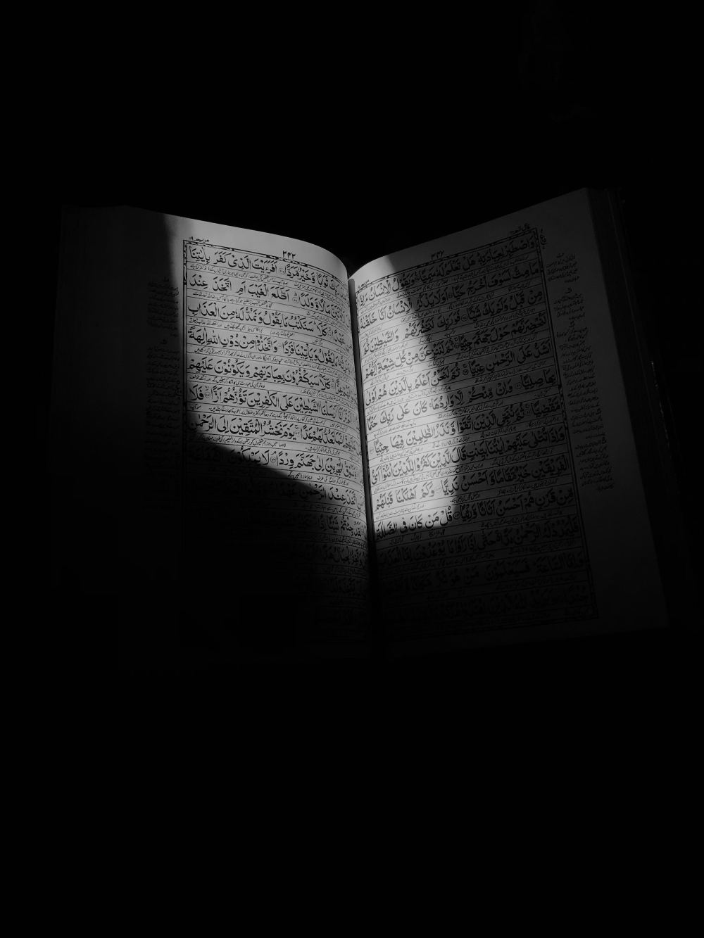 An open mushaf lit by a single shaft of light